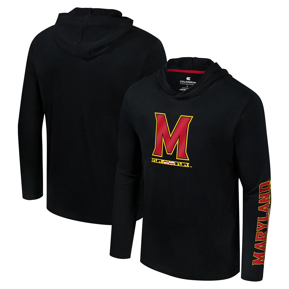 Men's Colosseum Black Maryland Terrapins Logo Lockup Active Blend Long Sleeve  T-Shirt Hoodie