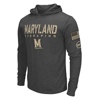 T-shirt à capuche manches longues pour hommes Colosseum Heather Black Maryland Terrapins Team OHT Military Appréciation