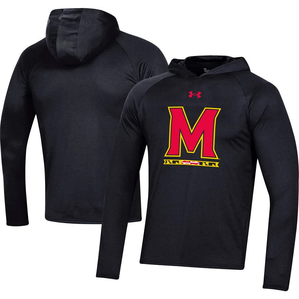 Men's Under Armour  Black Maryland Terrapins School Logo Raglan Long Sleeve Hoodie Performance T-Shirt