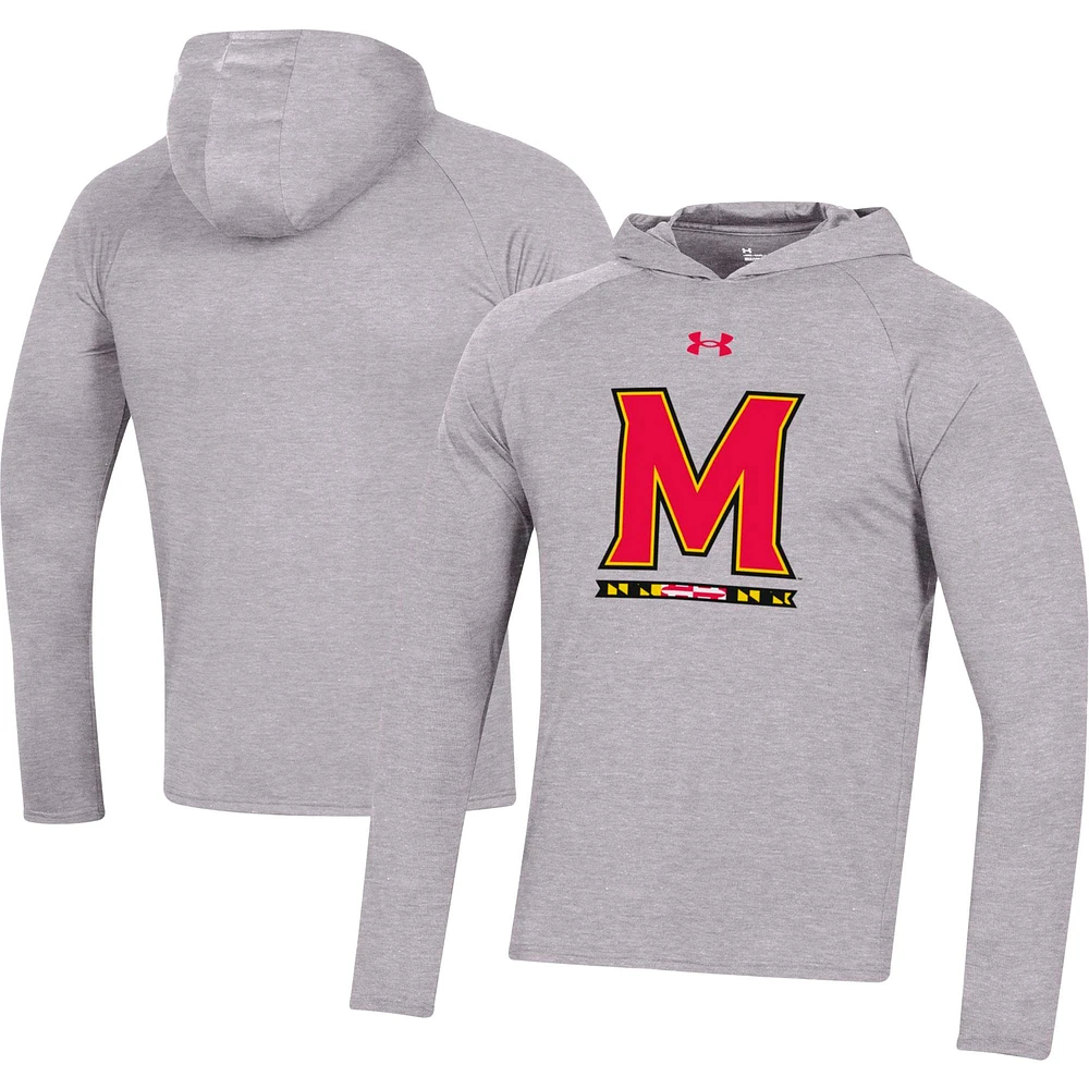 Men's Under Armour  Heather Gray Maryland Terrapins School Logo Raglan Long Sleeve Hoodie Performance T-Shirt