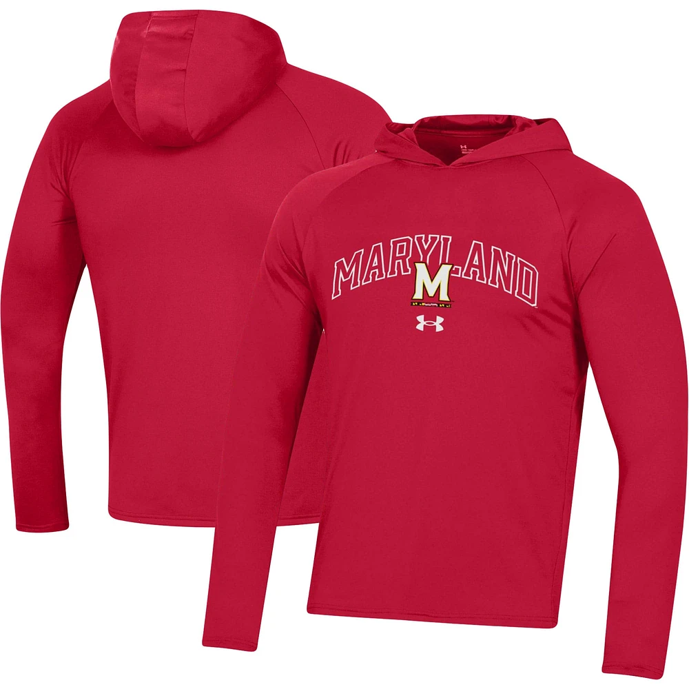 Under Armour Maryland Terrapins 2023 Sideline Tech Hooded Raglan T-shirt à manches longues pour homme Rouge