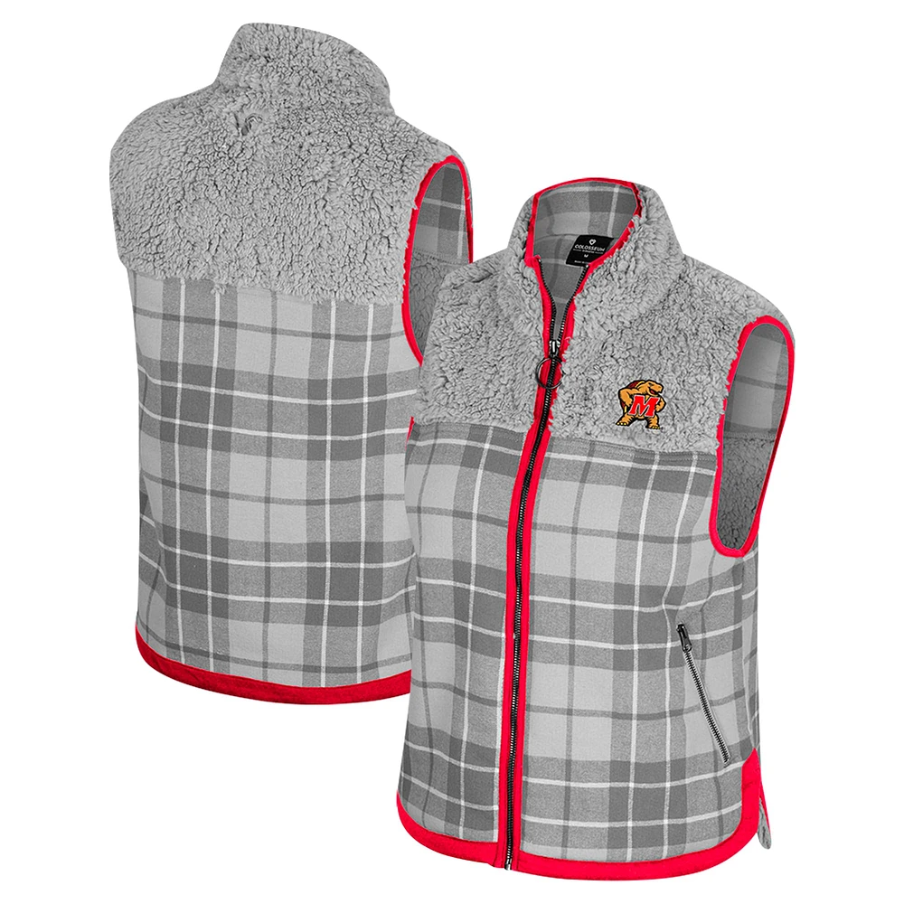 Women's Colosseum Gray Maryland Terrapins Matilda Sherpa Plaid Full-Zip Vest