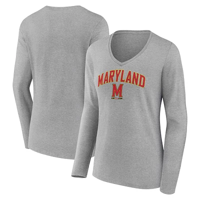 T-shirt à manches longues et col en V pour femme Fanatics Heather Grey Maryland Terrapins Campus