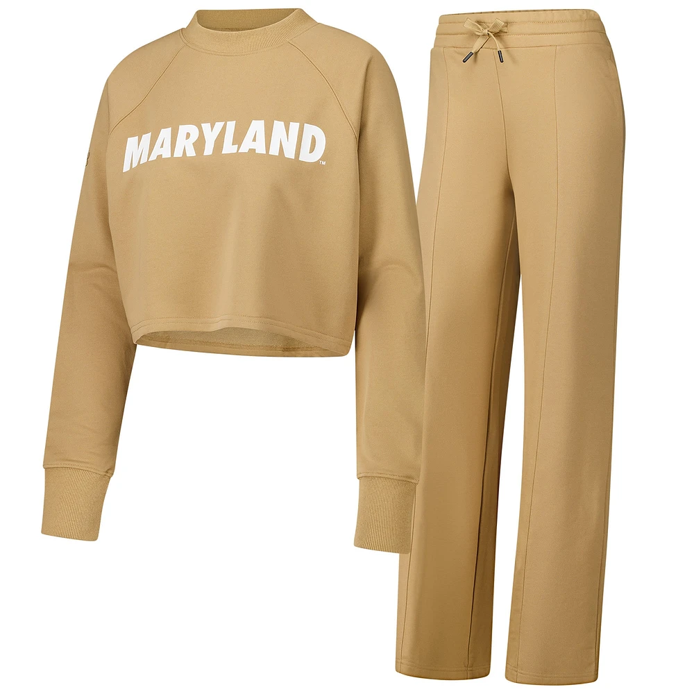 Women's Tan Maryland Terrapins Raglan Cropped Sweatshirt & Sweatpants Set