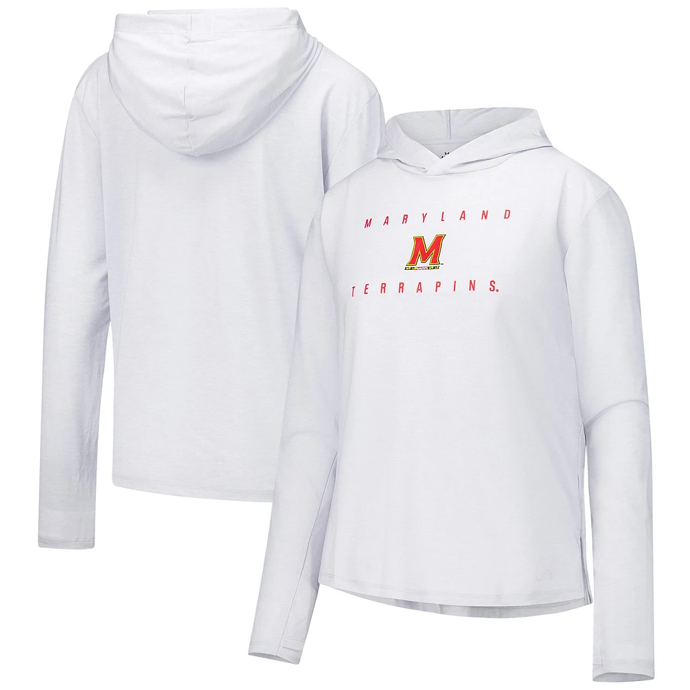 T-shirt à capuche manches longues et trois couches pour femme Under Armour Maryland Terrapins blanc ultra-doux respirant