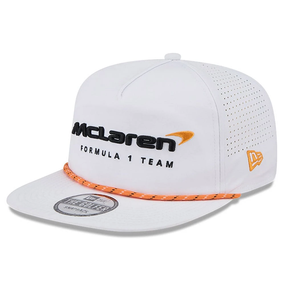 Men's New Era White McLaren F1 Team Leisure Featherweight Perforated Rope Golfer Snapback Hat