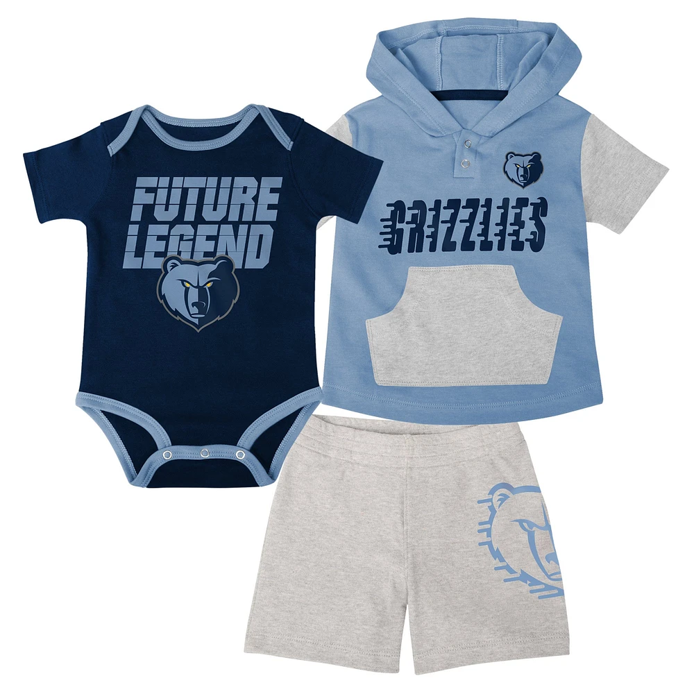 Ensemble body, t-shirt à capuche et short pour bébé bleu marine/bleu clair/gris Memphis Grizzlies Bank Shot