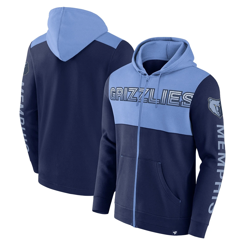 Sweat à capuche entièrement zippé Fanatics pour hommes bleu marine/bleu clair Memphis Grizzlies Skyhook Colorblock