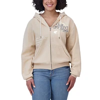 Women's WEAR by Erin Andrews Cream Memphis Grizzlies Plus Tonal Felt Patch Full-Zip Hoodie