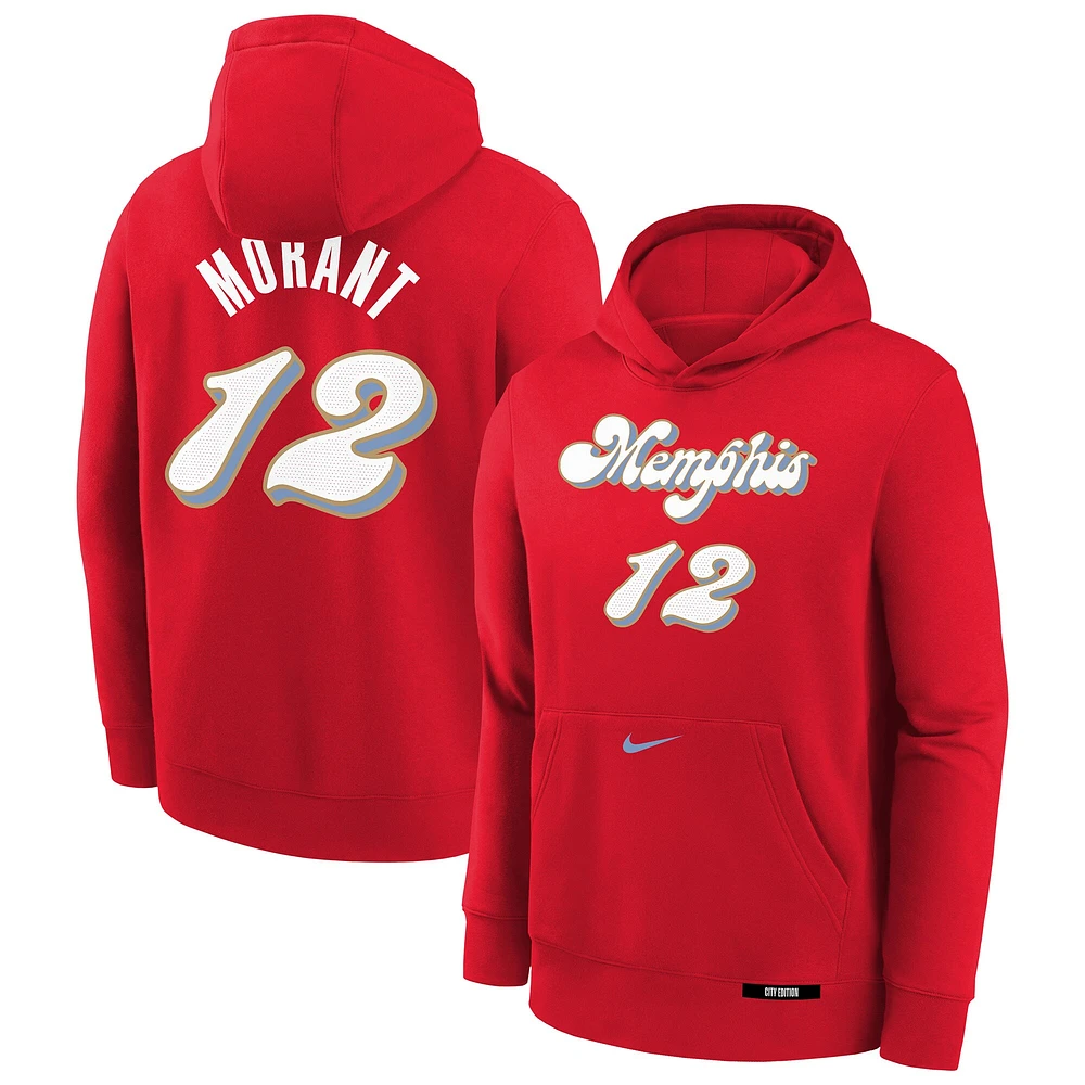 Sweat à capuche Nike Ja Morant pour jeune Memphis Grizzlies 2024/25 City Edition avec nom et numéro Rouge