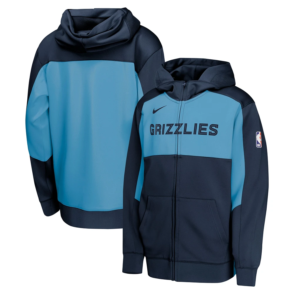 Sweat à capuche entièrement zippé Nike bleu marine/bleu clair Memphis Grizzlies Authentic On-Court Showtime Performance pour jeunes