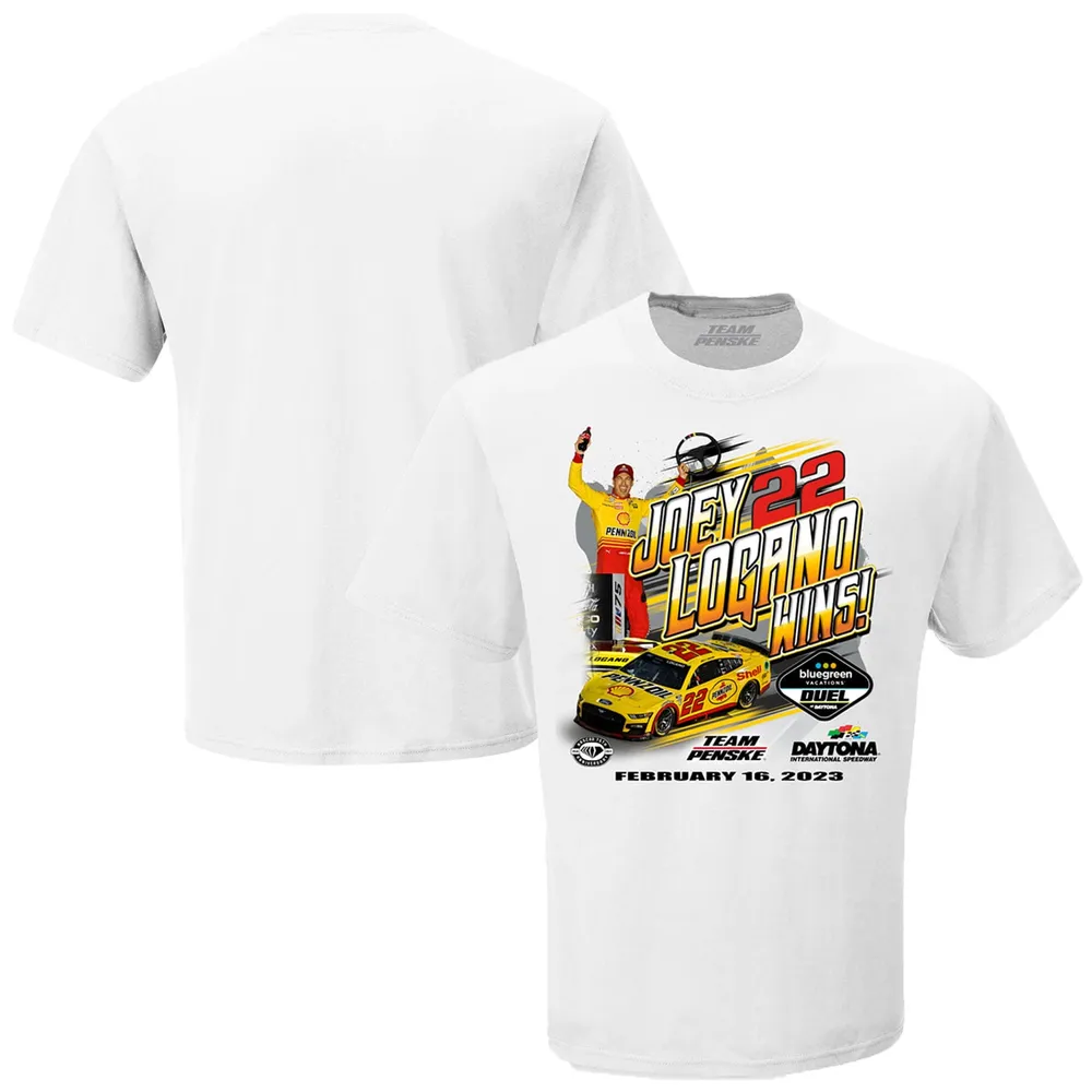 Men's Checkered Flag White Joey Logano 2023 Bluegreen Vacations Duel 1 Race Winner T-Shirt