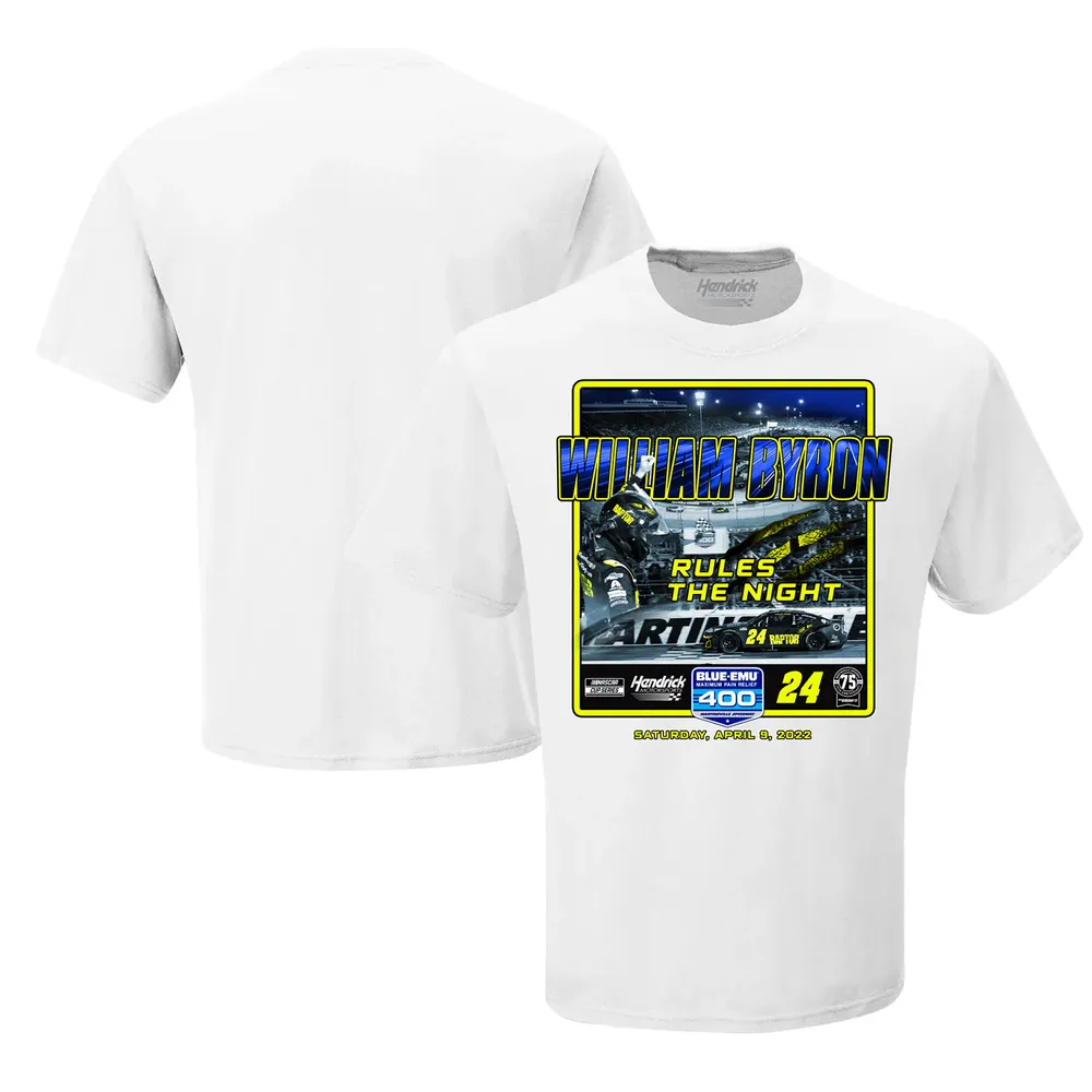 Men's Checkered Flag White William Byron 2022 Blue-Emu Maximum Pain Relief 400 Race Winner T-Shirt