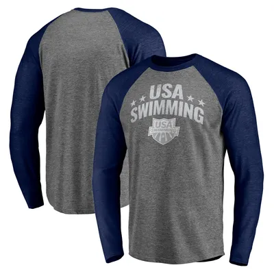 USA Swimming Fanatics Branded Core Stack Weathered Logo Raglan Tri-Blend Long Sleeve T-Shirt - Heathered Gray/Heathered Navy