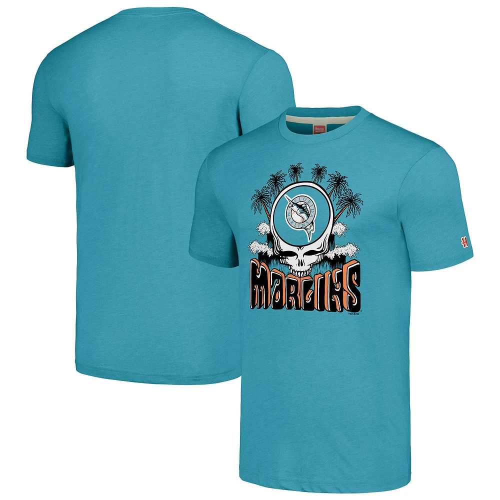 Men's Homage Teal Florida Marlins Cooperstown Collection Grateful Dead Tri-Blend T-Shirt