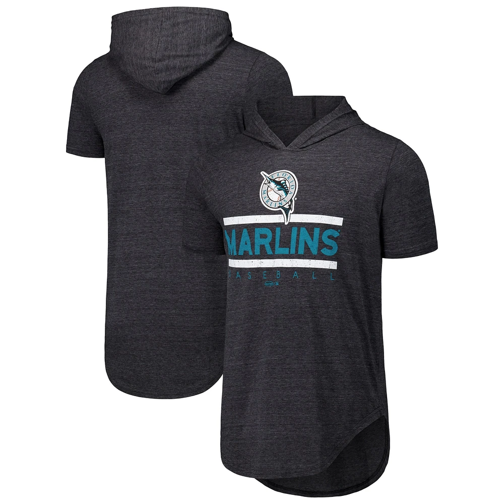 T-shirt à capuche noir en trois mélanges Majestic Threads pour hommes des Marlins de Miami