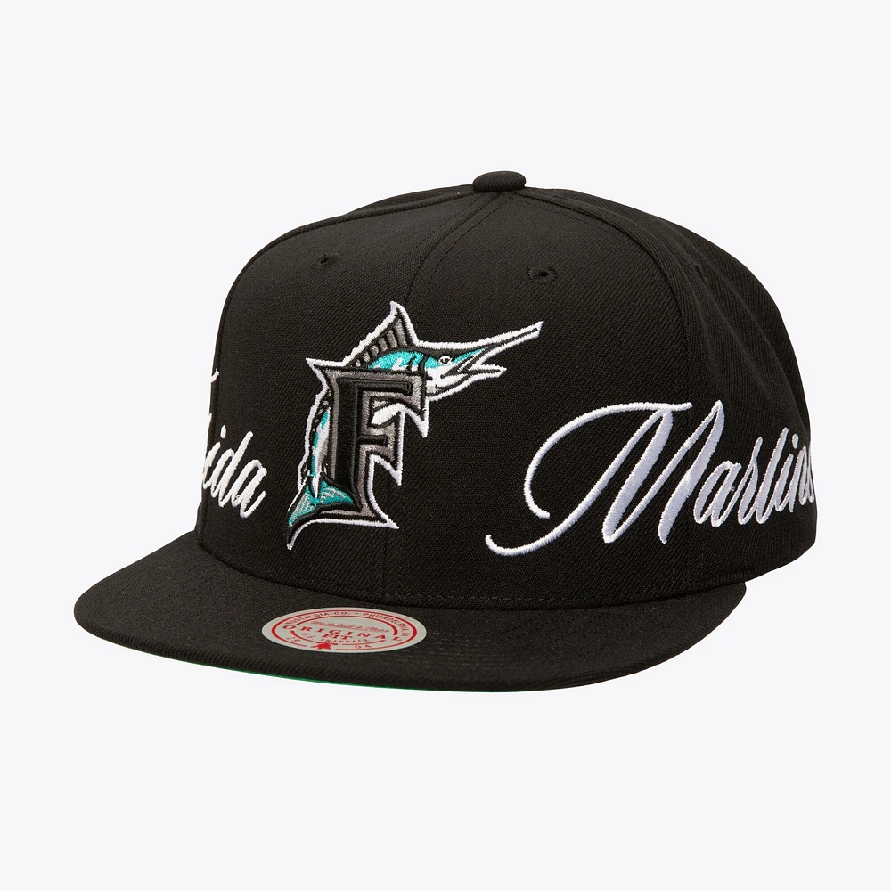 Men's Mitchell & Ness Black Florida Marlins Just Don x MLB Lux Script Snapback Hat