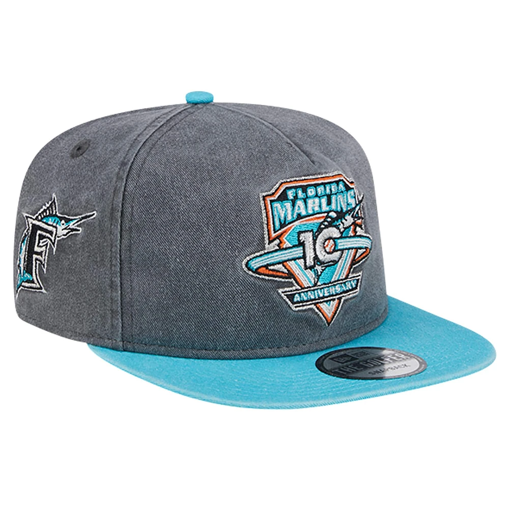 Casquette Snapback de golfeur à teinture pigmentée New Era pour hommes, noir/bleu sarcelle, Florida Marlins 10e anniversaire