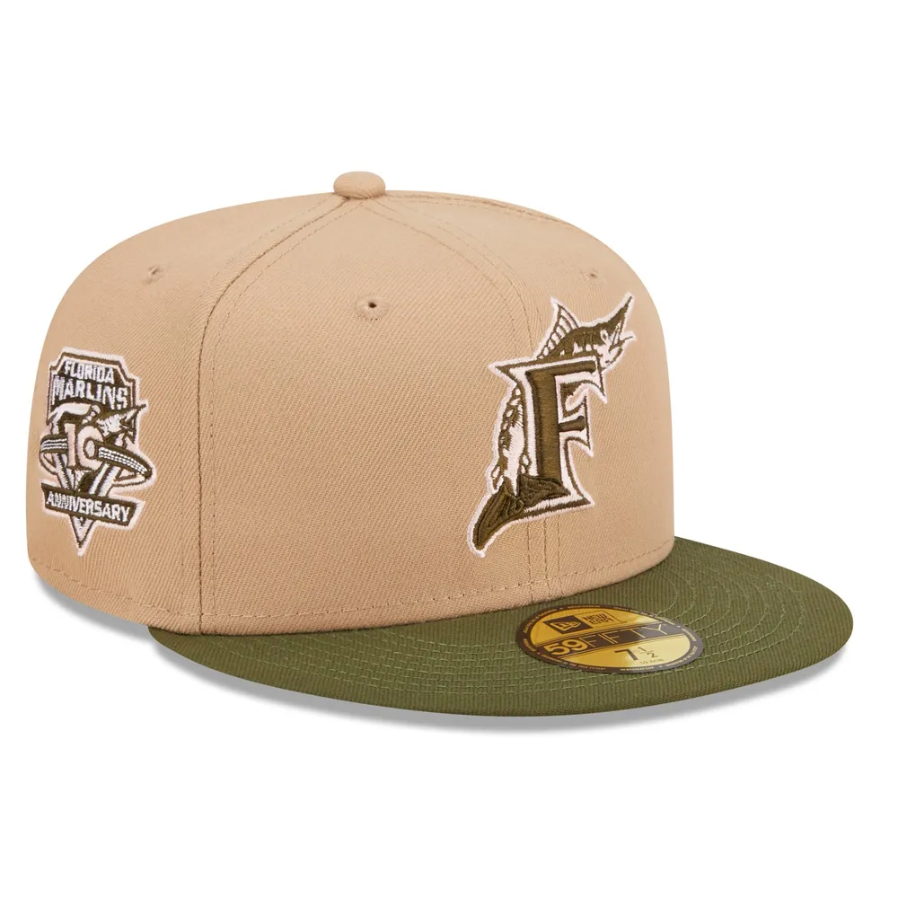 Casquette ajustée 59FIFTY pour homme New Era Tan/Olive Florida Marlins Cooperstown Collection Pink Undervisor