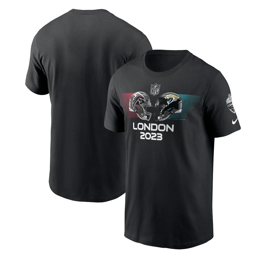 T-shirt essentiel Nike noir pour hommes des Atlanta Falcons contre Jacksonville Jaguars 2023 London Game