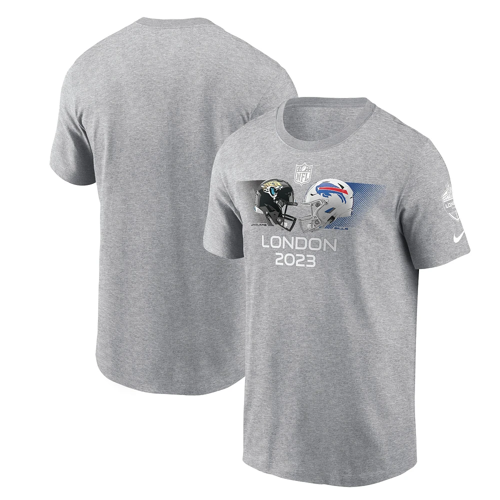 Men's Nike Heather Charcoal Jacksonville Jaguars vs. Buffalo Bills 2023 London Game T-Shirt