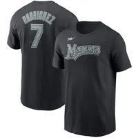 Men's Florida Marlins Pudge Rodriguez Majestic Black Cooperstown Player  Name & Number T-Shirt