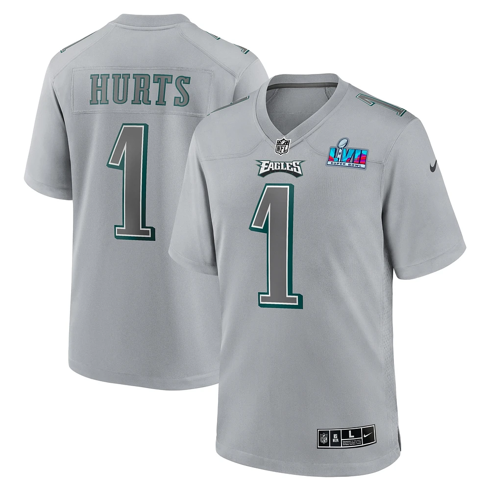 maillot Nike Jalen Hurts pour hommes, gris, Philadelphia Eagles, Super Bowl LVII Patch Atmosphere Fashion Game,