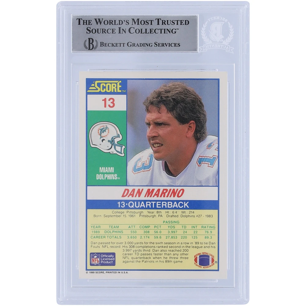 Carte authentifiée signée Dan Marino Miami Dolphins Score #13 Beckett 1990 Fanatics Witnessed