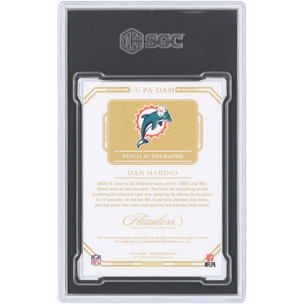 Dan Marino Miami Dolphins Autographed 2023 Panini Flawless Ruby Patch Autograph 3 Color Relic #PA-DAM #4/15 SGC Authenticated 9.5/10 Card