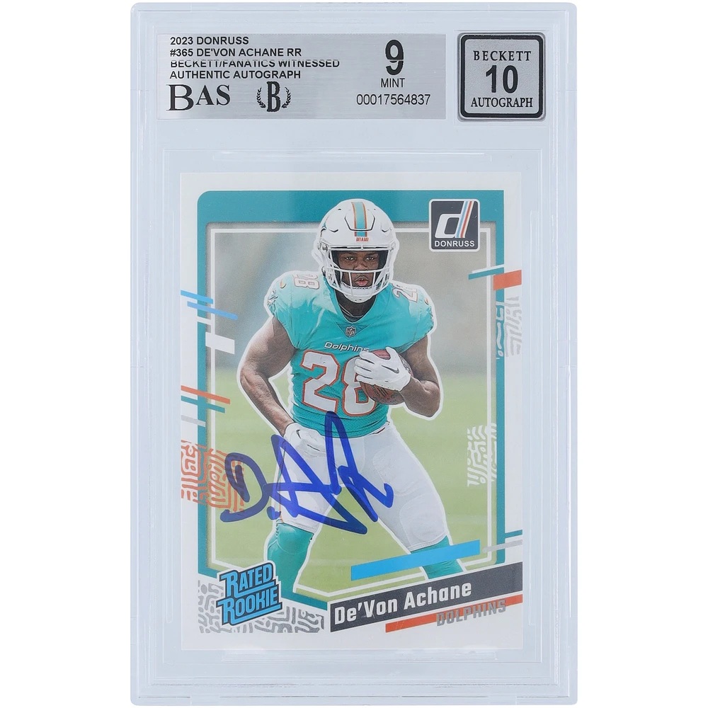 De'Von Achane Miami Dolphins Autographed 2023 Panini Donruss #365 Beckett Fanatics Witnessed Authenticated /10 Rookie Card