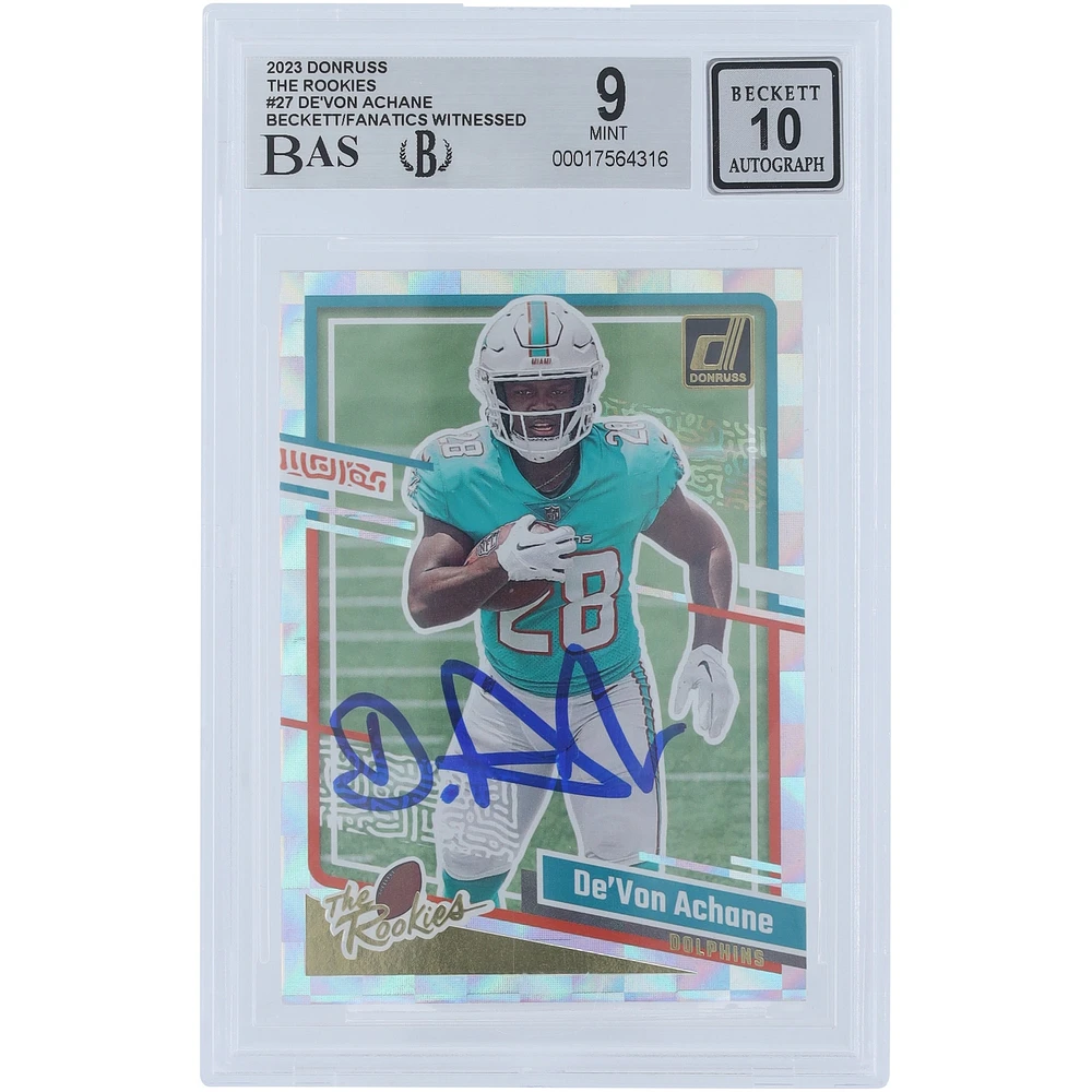 De'Von Achane Miami Dolphins Autographed 2023 Panini Donruss The Rookies #27 Beckett Fanatics Witnessed Authenticated 9/10 Rookie Card