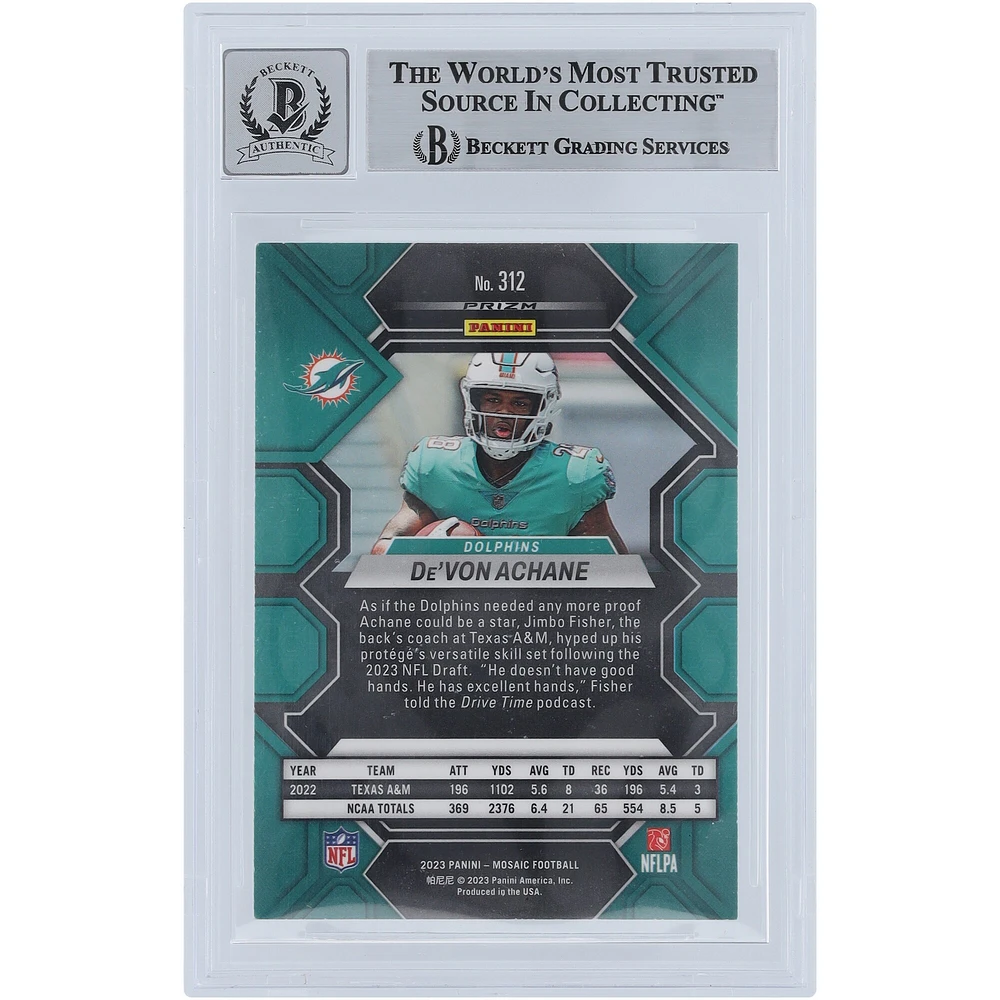 De'Von Achane Miami Dolphins Autographed 2023 Panini Mosaic #312 Beckett Fanatics Witnessed Authenticated 10 Rookie Card