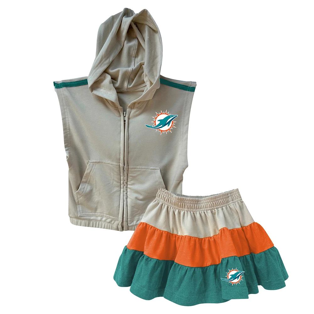 Ensemble sweat à capuche zippé sans manches et jupe trois niveaux pour filles Wes & Willy Orange/Aqua Miami Dolphins