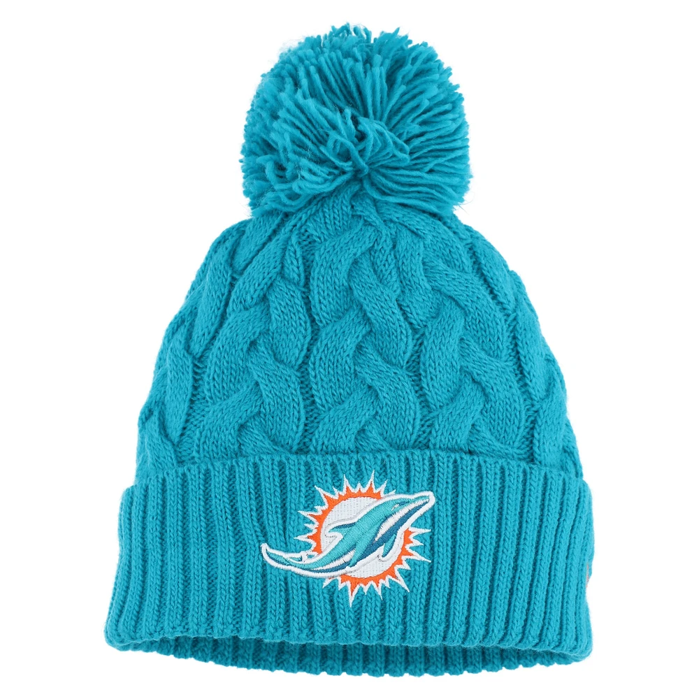 Girls Youth New Era  Aqua Miami Dolphins Cabled Cuffed Knit Hat with Pom