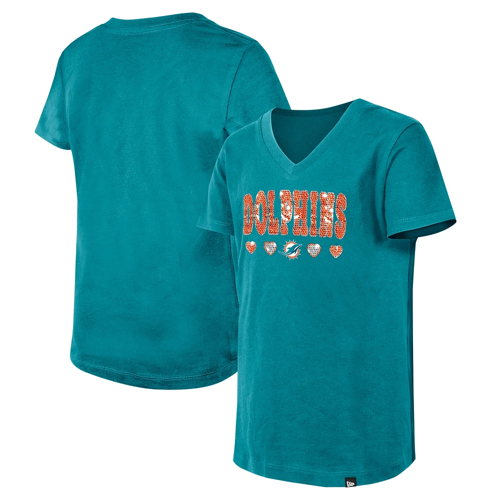 Girls Youth New Era Aqua Miami Dolphins Flip Sequin V-Neck T-Shirt