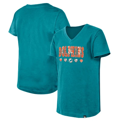 T-shirt à col en V sequins pour jeunes filles New Era Aqua Miami Dolphins