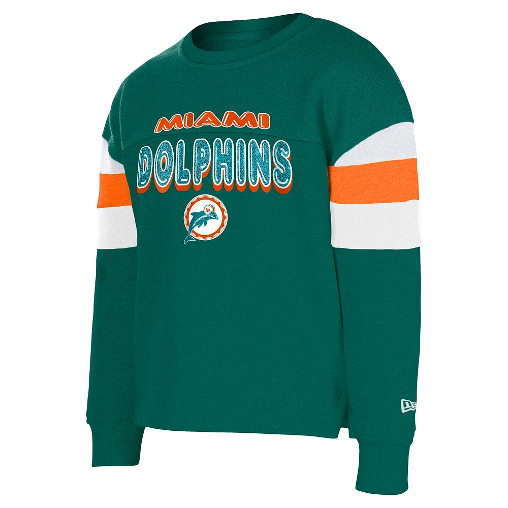 Girls Youth New Era Aqua Miami Dolphins Throwback Color Blocked Glitter Pullover Sweatshirt