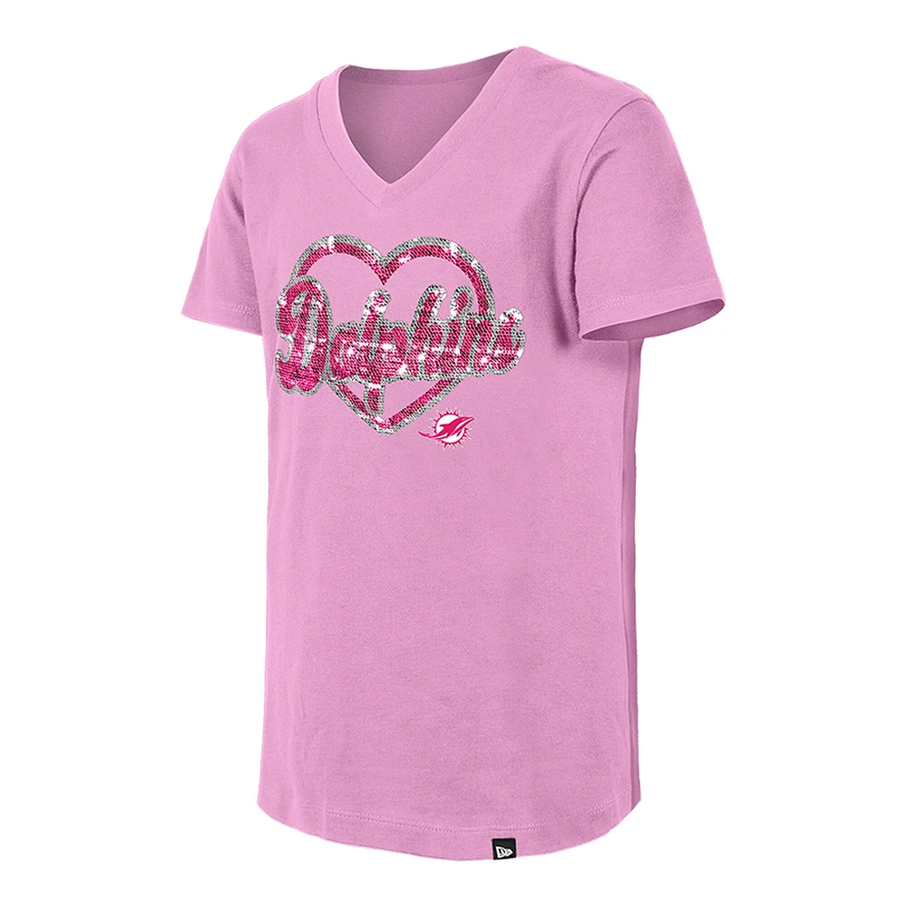 Girls Youth New Era Pink Miami Dolphins Flip Sequins V-Neck T-Shirt
