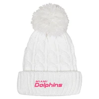 Girls Youth White Miami Dolphins Cable Cuffed Knit Hat with Pom