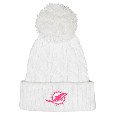 Girls Youth White Miami Dolphins Cable Cuffed Knit Hat with Pom