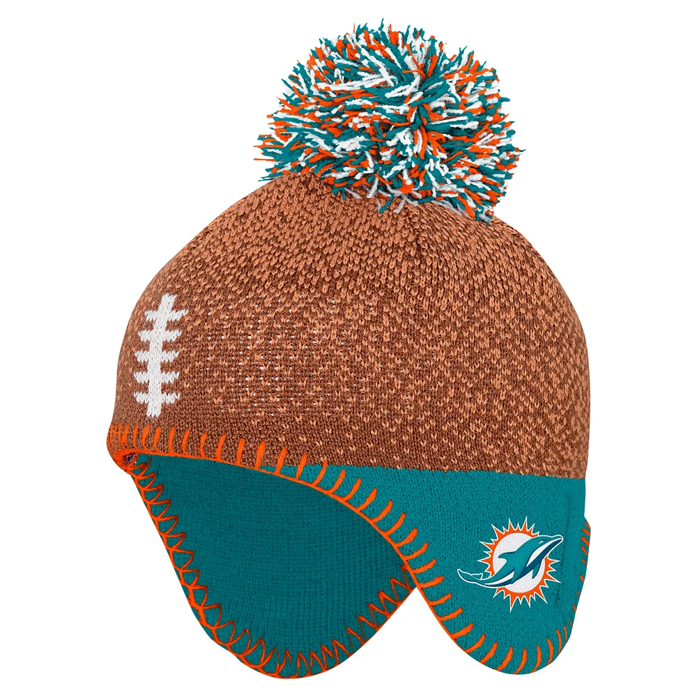 Bonnet tricoté marron pour bébé avec pompon et motif tête de football des Miami Dolphins