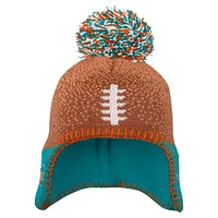 Bonnet tricoté marron pour bébé avec pompon et motif tête de football des Miami Dolphins