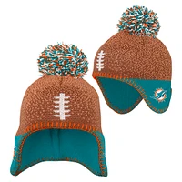 Bonnet tricoté marron pour bébé avec pompon et motif tête de football des Miami Dolphins