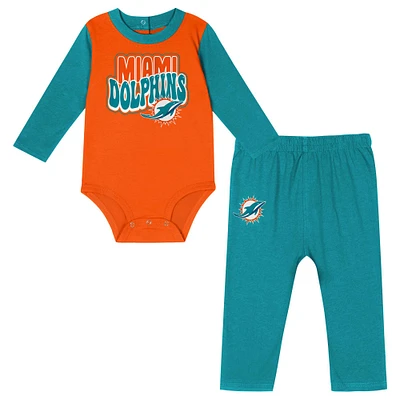 Ensemble pantalon et body à manches longues pour bébé orange/aqua Miami Dolphins Double Up