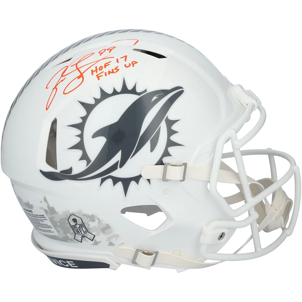Jason Taylor Miami Dolphins Autographed Riddell 2024 Salute To Service Speed Authentic Helmet with "HOF 17" & "Fins Up" Inscriptions