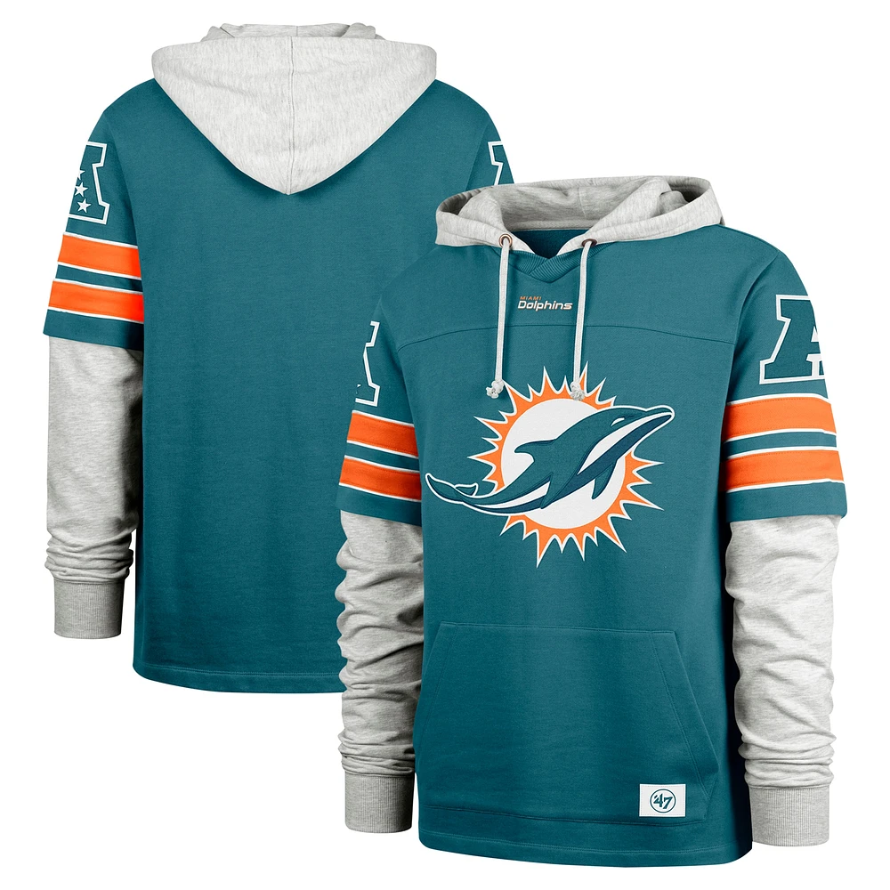 Sweat à capuche pour homme '47 Aqua Miami Dolphins Double Header Blitz Cornerback