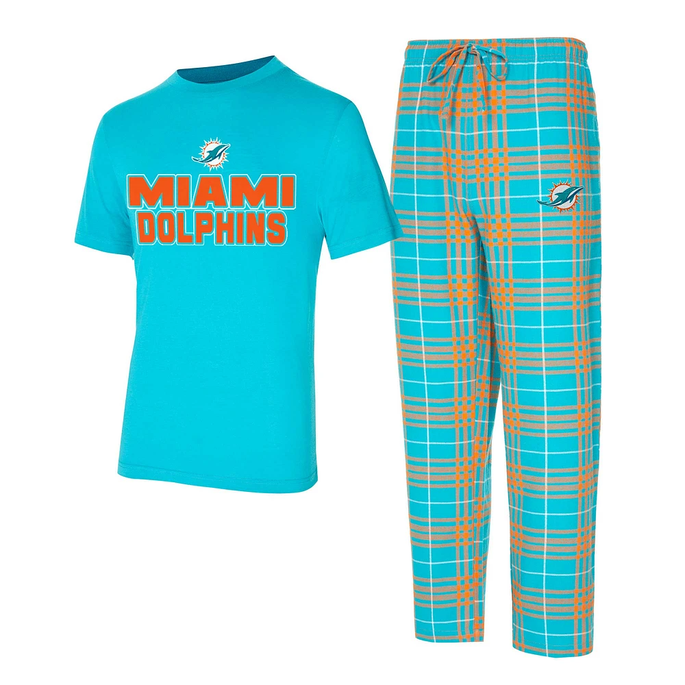 Ensemble de nuit pour homme Concepts Sport Aqua/Orange Miami Dolphins Vector T-shirt et pantalon en flanelle