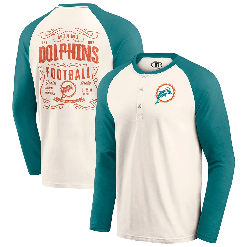 T-shirt à manches longues raglan Henley pour homme de la collection Darius Rucker Fanatics, couleur crème/aqua, Miami Dolphins