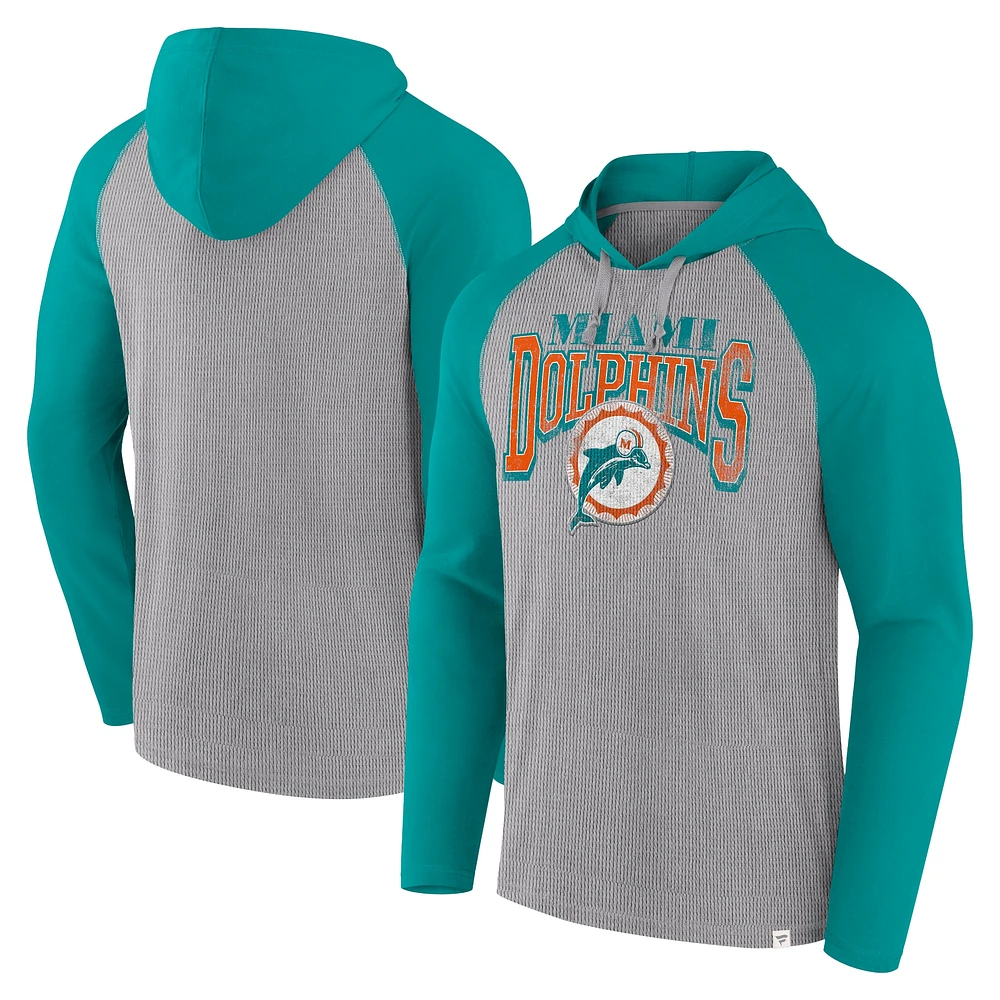 T-shirt à capuche manches longues Fanatics pour hommes gris/aqua Miami Dolphins Under Center