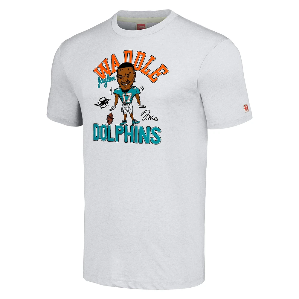 Men's Homage Jaylen Waddle Heathered Anthracite Miami Dolphins Caricature Player Tri-Blend T-Shirt